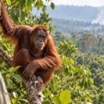 Orangutan Kalimantan berada di pepohonan hutan tropis.
