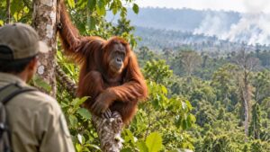 Orangutan Kalimantan berada di pepohonan hutan tropis.