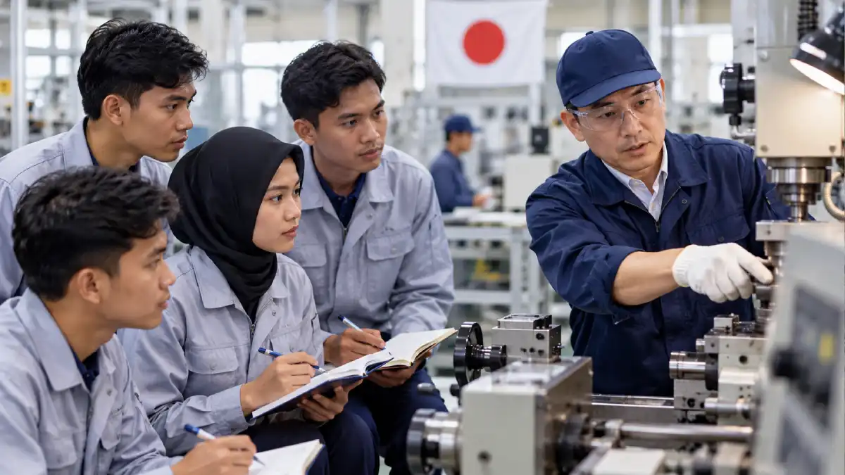 Ilustrasi pelatihan keterampilan teknis bagi calon pekerja Indonesia yang mempersiapkan diri untuk bekerja di Jepang. (Ilustrasi AI: Nihon.id)