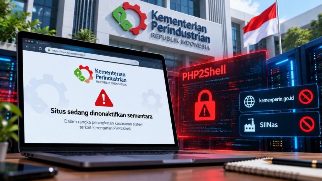 Ilustrasi pengamanan layanan digital Kemenperin untuk memitigasi risiko kerentanan PHP2Shell. (Ilustrasi AI: Nihon.id)