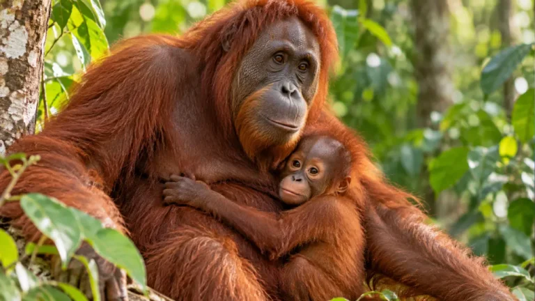 Ilustrasi induk orangutan dan anaknya yang membutuhkan perlindungan dari ancaman jerat dan kerusakan habitat. (Ilustrasi AI: Tentang Alam)