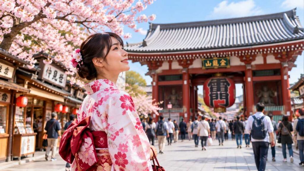 Wisatawan menikmati suasana kawasan kuil tradisional di Jepang saat musim semi. Memahami etika setempat membantu perjalanan berlangsung dengan nyaman dan saling menghormati. Foto: Ilustrasi AI.