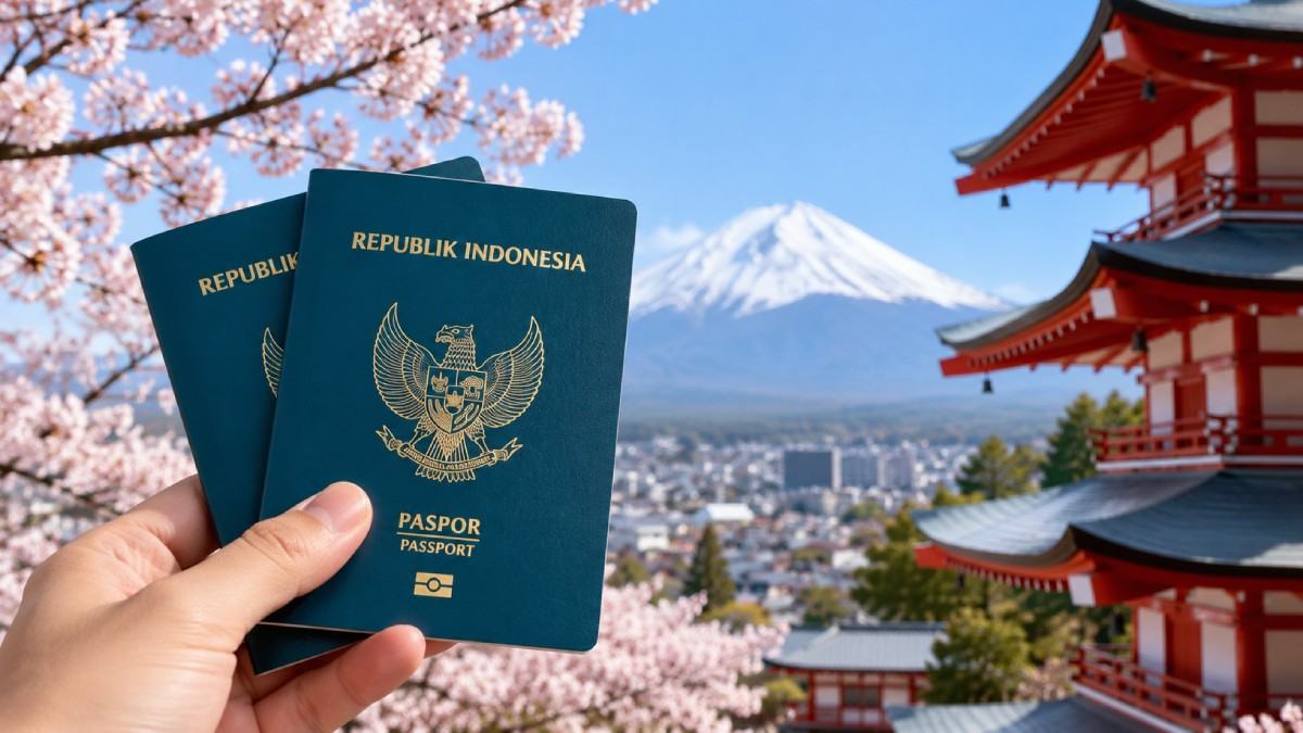 Ilustrasi paspor elektronik Indonesia untuk perjalanan wisata ke Jepang dan persiapan registrasi bebas visa. Foto: Ilustrasi AI/Nihon.id.