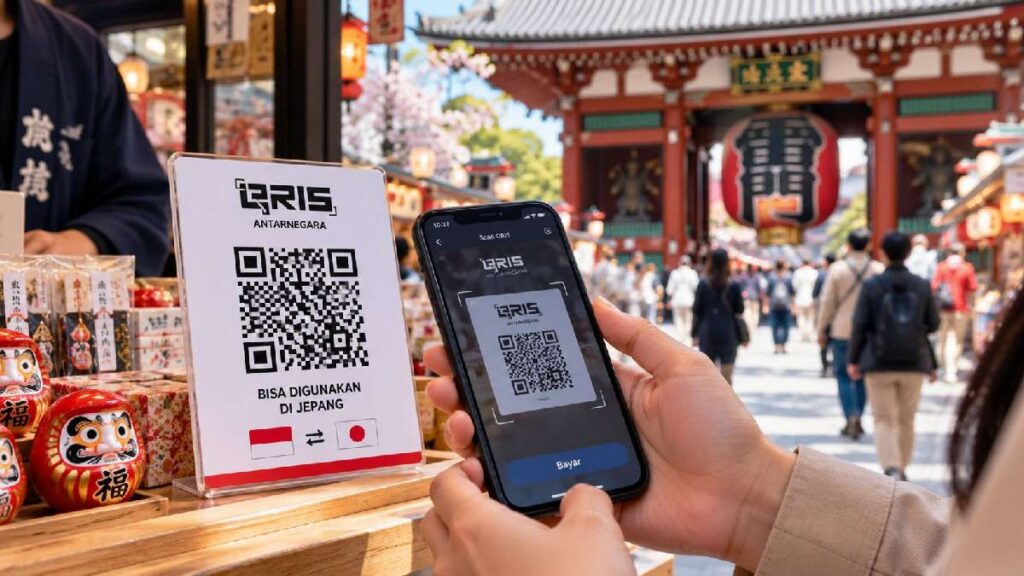 Wisatawan memindai kode QR untuk melakukan pembayaran menggunakan QRIS di salah satu kawasan wisata Jepang. Foto: Ilustrasi AI/Nihon.id.