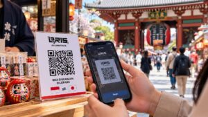 Wisatawan memindai kode QR untuk melakukan pembayaran menggunakan QRIS di salah satu kawasan wisata Jepang. Foto: Ilustrasi AI/Nihon.id.