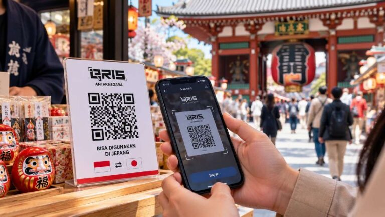 Wisatawan memindai kode QR untuk melakukan pembayaran menggunakan QRIS di salah satu kawasan wisata Jepang. Foto: Ilustrasi AI/Nihon.id.